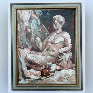Original Figurative Oil Painting in Cream and Brown Tones Artist Signed